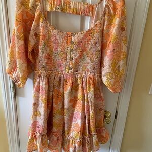 Hudson Gray Floral Smocked Dress Size L 🌸 Boho Puff Sleeve Mini w buttons